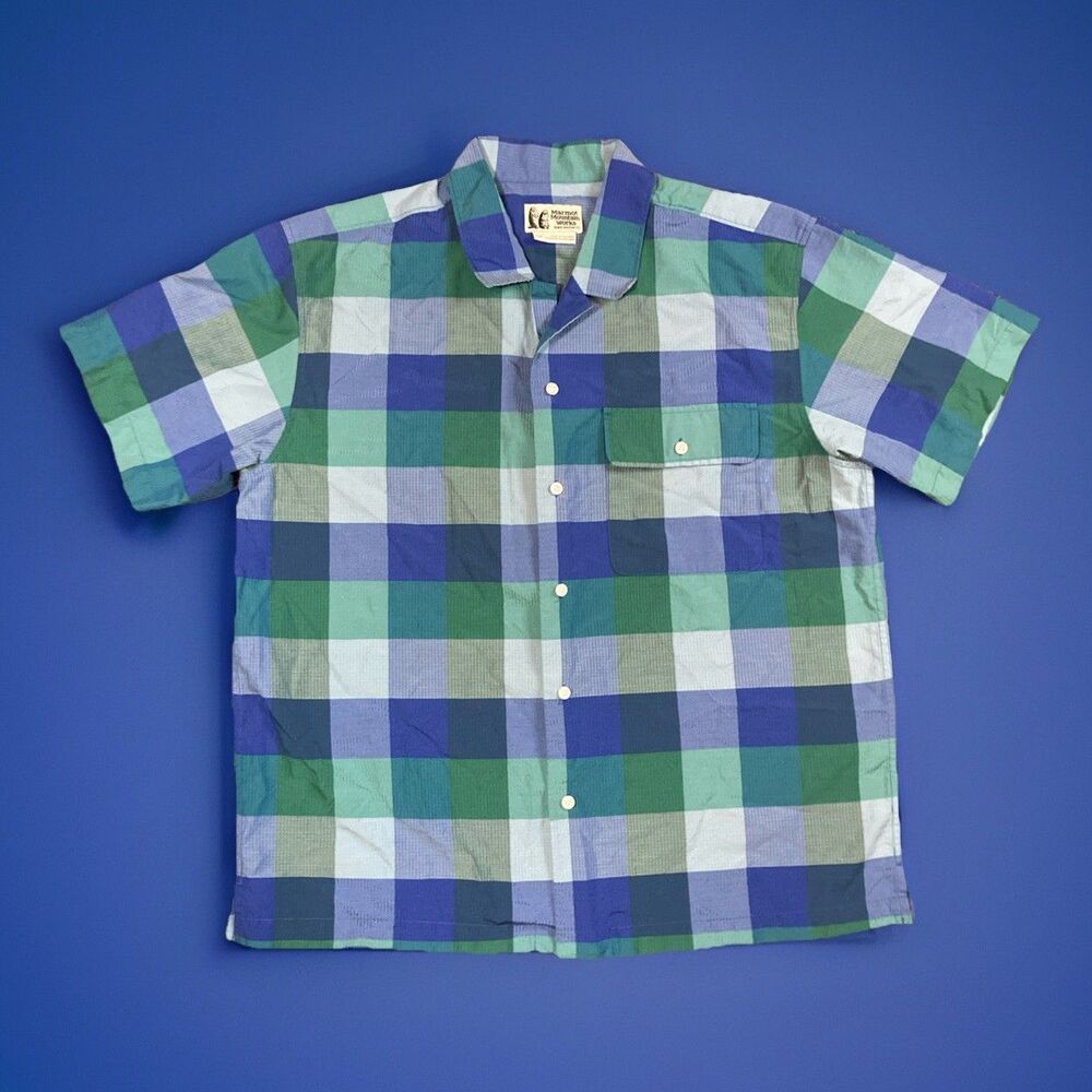 Marmot Shirt Mens Large Blue Green Plaid Muir Camp Novelty Short Sleeve Ripstop
